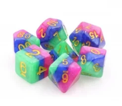 Set 7 dés multi-faces Jester's Gambit rose, vert, bleu