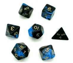 Set 7 dés multi-faces marbrés BLEU/NOIR
