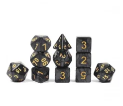 Set 11 dés multi-faces noirs nacrés (chiffres dorés)