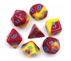 Set 7 dés multi-faces rouges et jaunes opaques