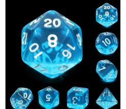 Set 7 dés multi-faces translucides bleus