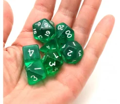 Set 7 dés multifaces translucides VERT