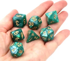 Set 7 dés multi-faces verts nacrés chiffres or