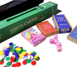Set complet jeux traditionnels avec cartes, jetons, dés et tapis