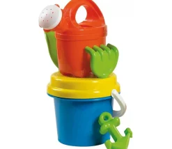 Set Plage : Seau + arrosoir + pelle + rateau + moule + tamis