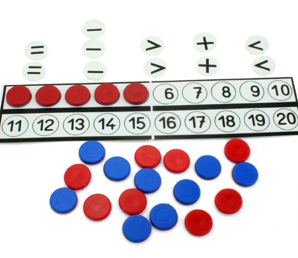 Tableau de calcul de 1 à 20 + 32 jetons bicolores signes mathématiques