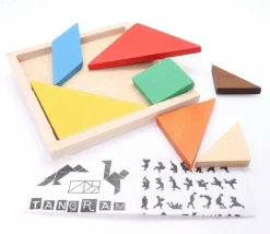 Tangram bois multicolore 16.5 cm cadre puzzle. Fabrication Jura